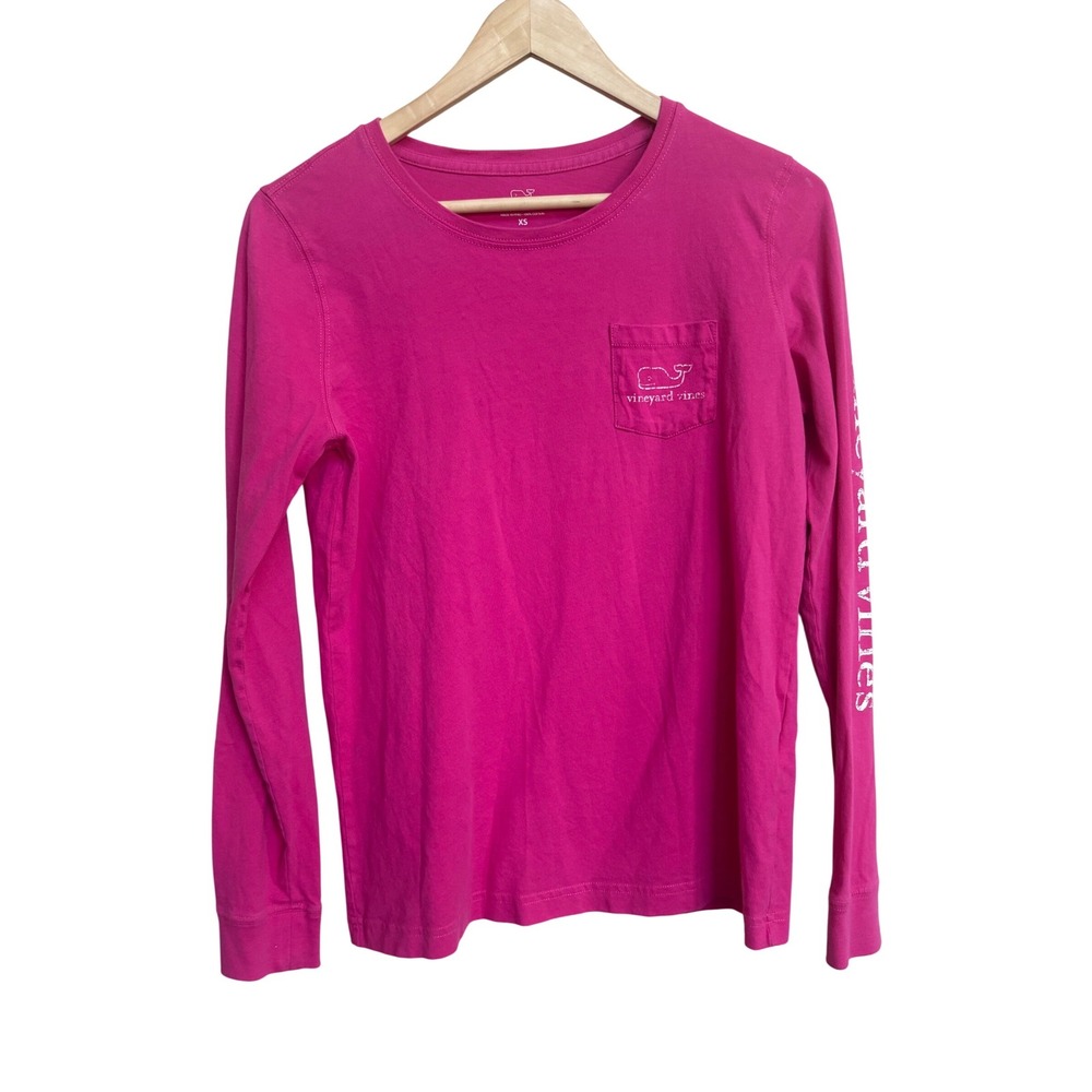 Vineyard Vines Womens XS Long Sleeve Pocket T-Shirt Pink Whale Graphic Logo